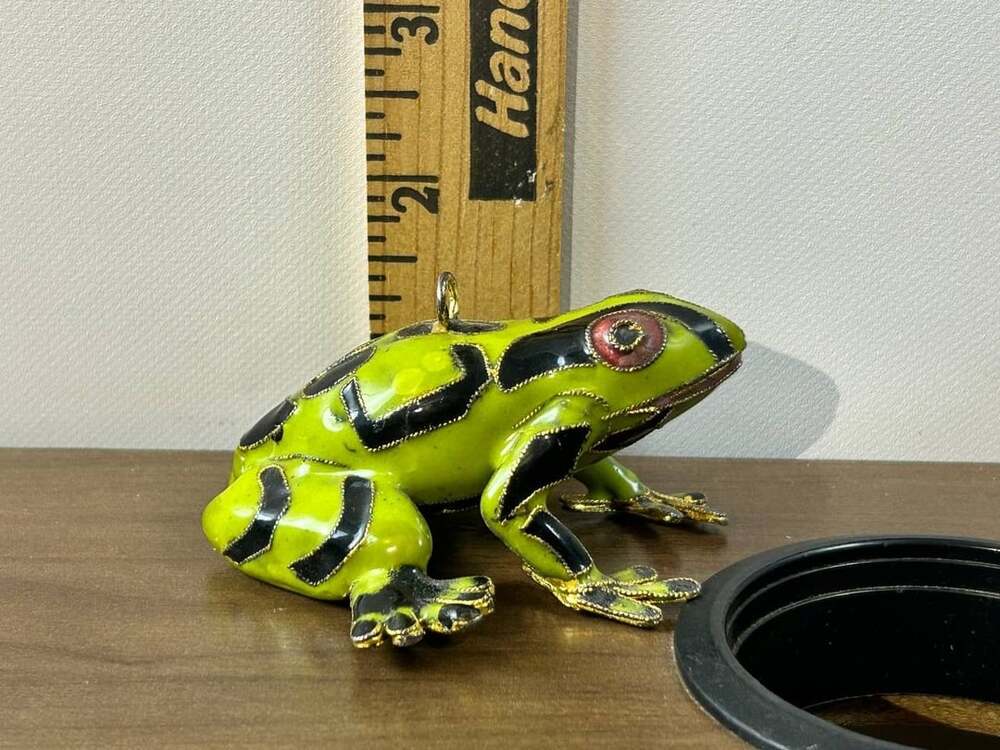 Cloisonne Enamel Frog Ornament Green Black Gold Tone Hanging Figurine